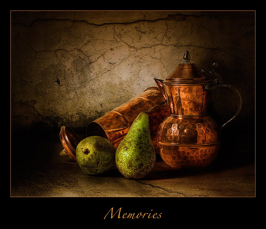 Memories, still life, 2 pears, 2 oriental pots, beautiful, fruits HD wallpaper