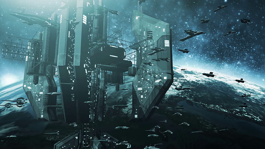 Flota animada de naves espaciales futuristas y una estación espacial impresionante de movimiento, nave espacial de dibujos animados fondo de pantalla