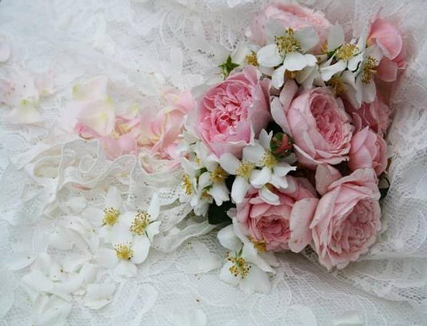 Love Bouquet, white, bouquet, roses, lace, femanine, pink, pretty, flowers, philadelphus HD wallpaper