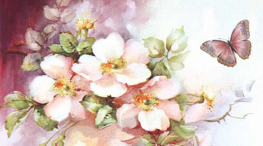 Wild Roses, summer, roses, painting, butterfly, soft, flowers, spring, vintage HD wallpaper