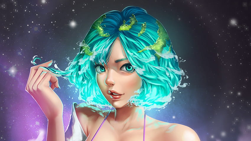 Niebieskie, krótkie włosy, animacyjna dziewczyna, sztuka cyfrowa Tapeta HD