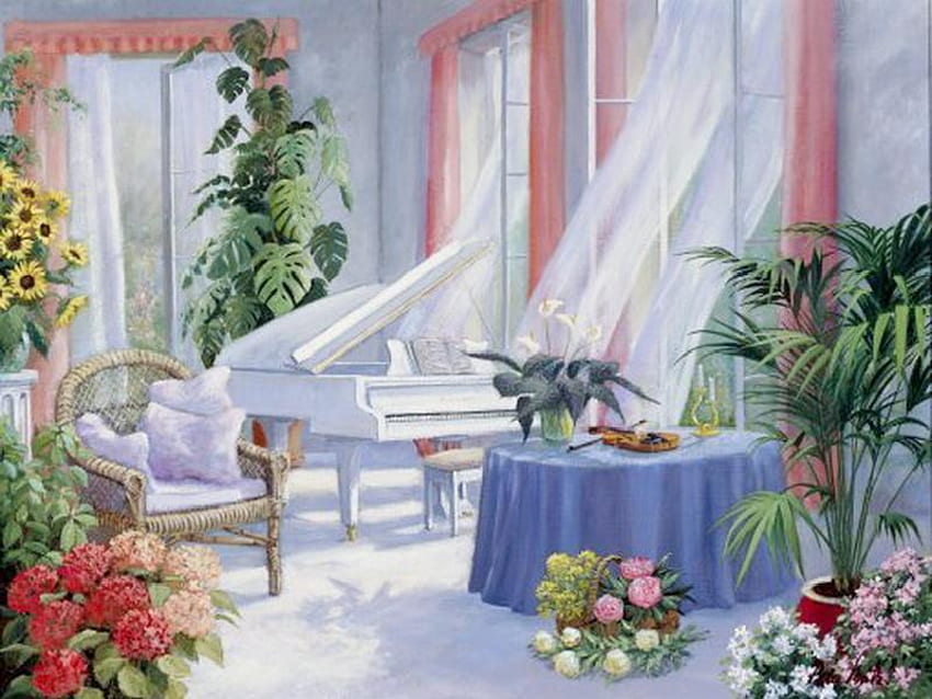 Popołudniowa bryza, krzesło, zasłony, stół, rośliny, okna, salon, taboret, skrzypce, pianino, kwiaty, płótno, poduszki, garnki Tapeta HD