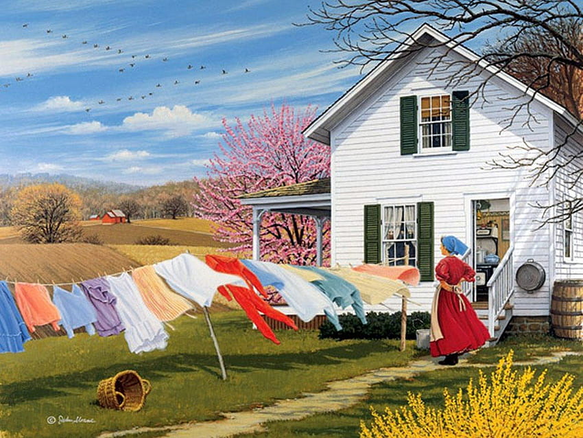 von John Sloane, Kunstwerk, Natur, Gemälde, Häuser, Dorf HD-Hintergrundbild