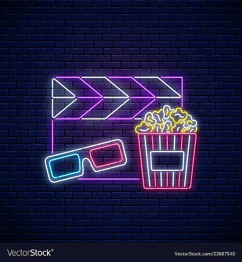 Sinal de néon da noite de cinema. Logotipo de néon de tempo de cinema, tabuleta, banner com pipoca, óculos 3D e claquete de filme em bric. Sinais de neon, Neon , Logo neon Papel de parede de celular HD