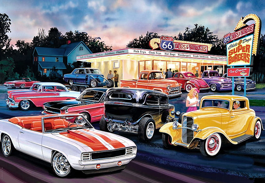 Dogs and Burgers F, drivein, art, cars, beautiful, automobile, illustration, artwork, wide screen, painting, auto HD wallpaper