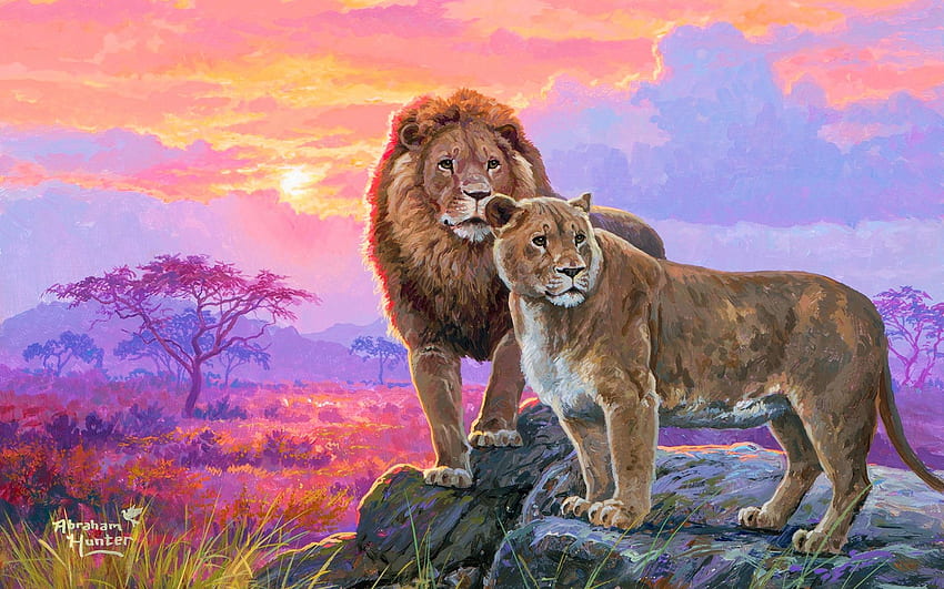 King and Queen, artwork, painting, pair, nature, sky, lions HD wallpaper