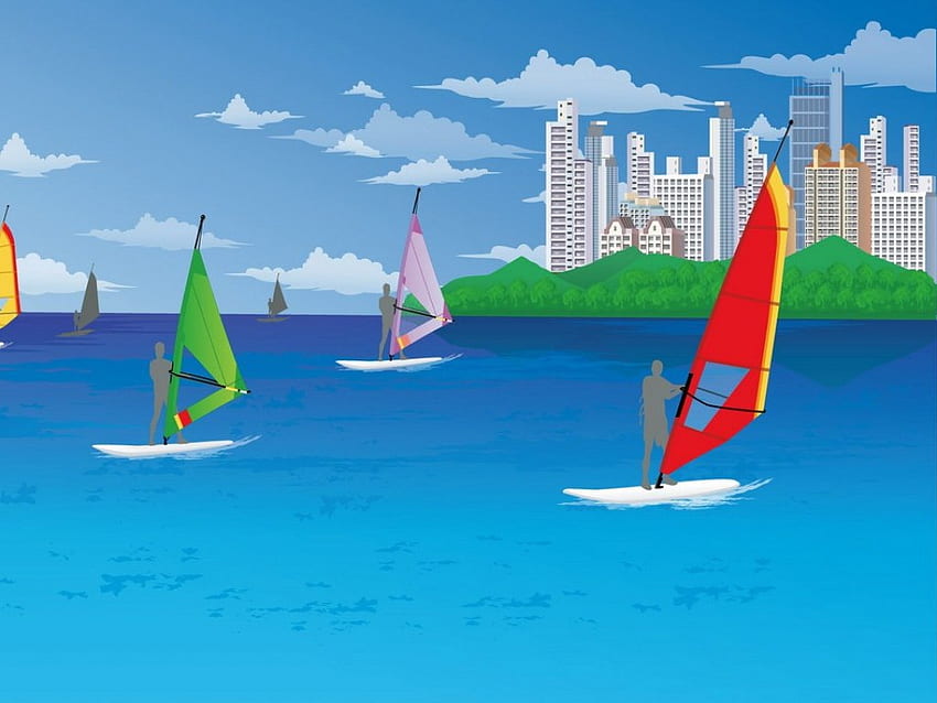 Sailing Boats, sailboats, clouds, city buildings, ocean HD wallpaper