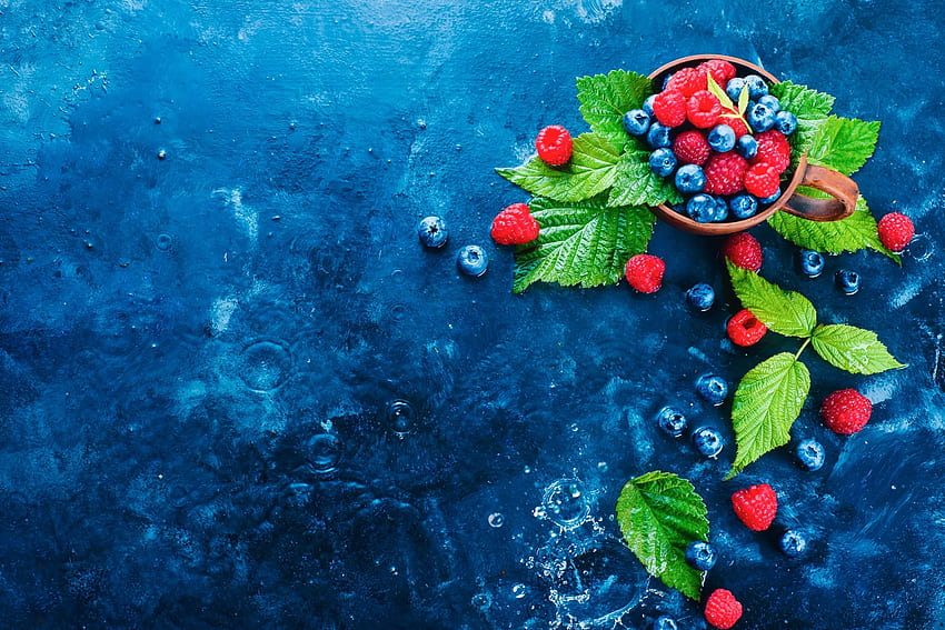 Berries, blue, blueberry, berry, cup, raspberry, green, red, fruit, leaf HD wallpaper