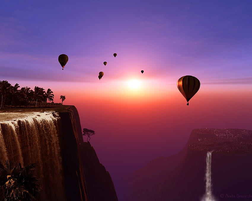 Beautiful Sunset View, Nature, Hot Air Balloon, Sunset, Mountain HD wallpaper