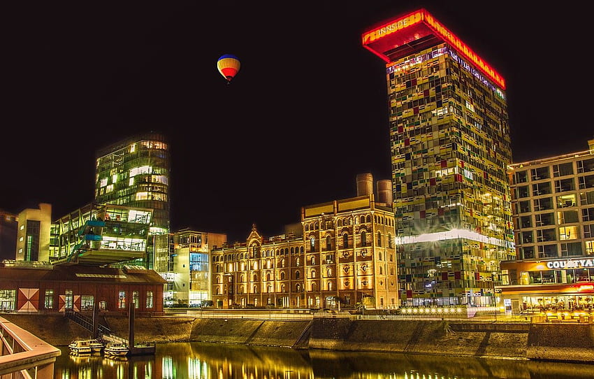 the sky, night, lights, balloon, building, home, Germany, Düsseldorf HD wallpaper