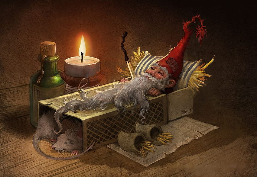 Gnome Tidur, seni, lilin, tempat tidur, mouse, kotak korek api, botol Wallpaper HD