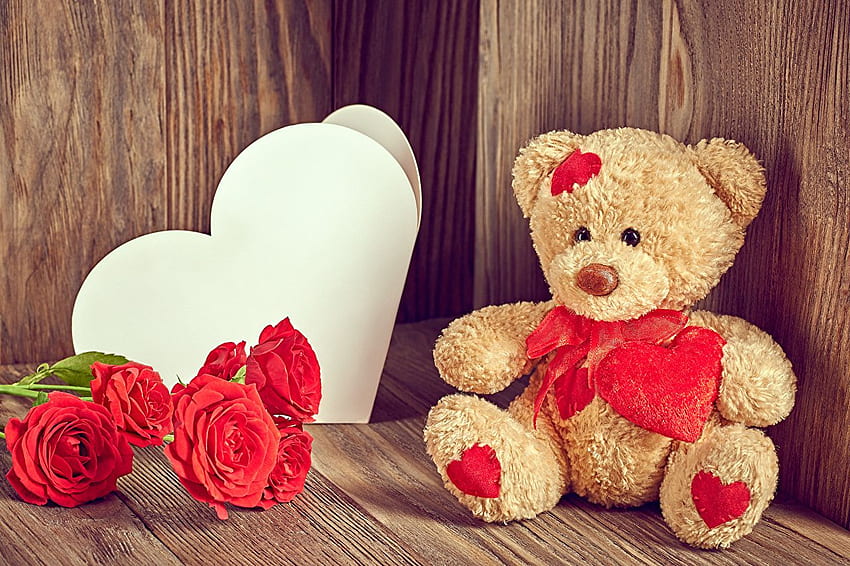 Valentine's Day Heart rose flower Teddy bear toy Holidays HD wallpaper