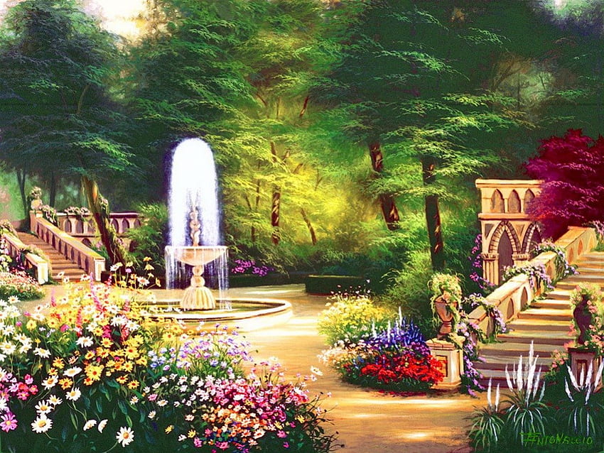 Jardin gothique, coloré, agréable, peinture, fontaine, arbres, gothique, art, jardin, paradis, beau, parc, été, joli, nature, fleurs, charmant, forêt Fond d'écran HD