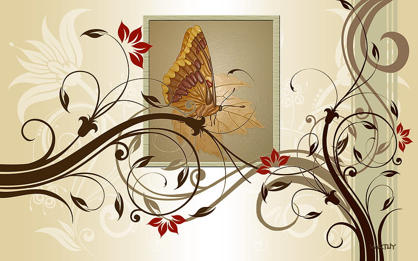 Butterfly swirls, beautiful, leaves, brown, textured, butterfly, swirls, tan, vector, flowers HD wallpaper