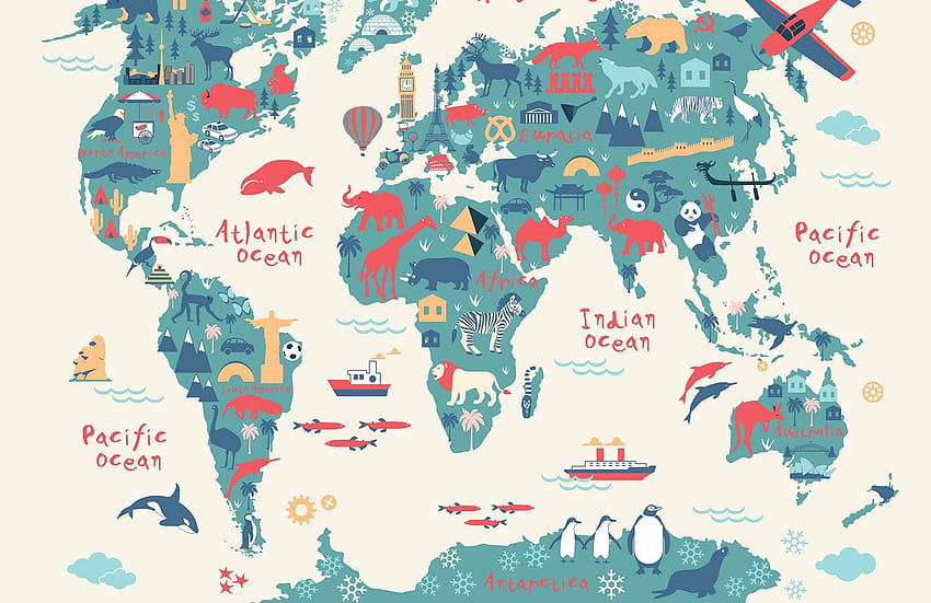 探検家の子供の世界地図の壁画、カナダの地図 高画質の壁紙