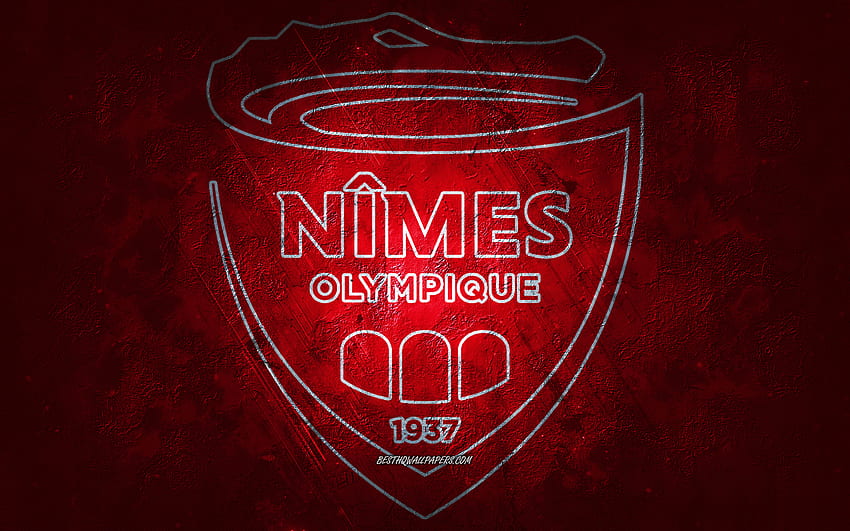 Nimes Olympique, French football team, red background, Nimes Olympique logo, grunge art, Ligue 2, France, football, Nimes Olympique emblem HD wallpaper