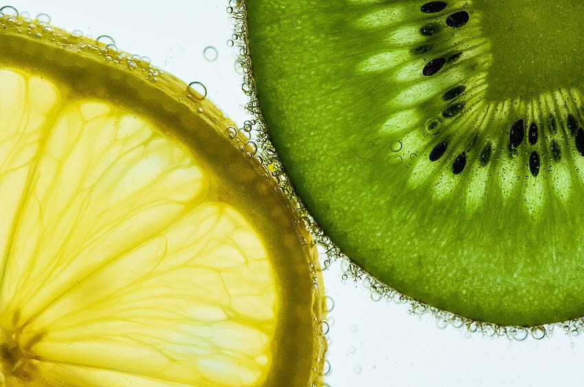 Fruits, lemon, yellow, green, texture, kiwi, water HD wallpaper
