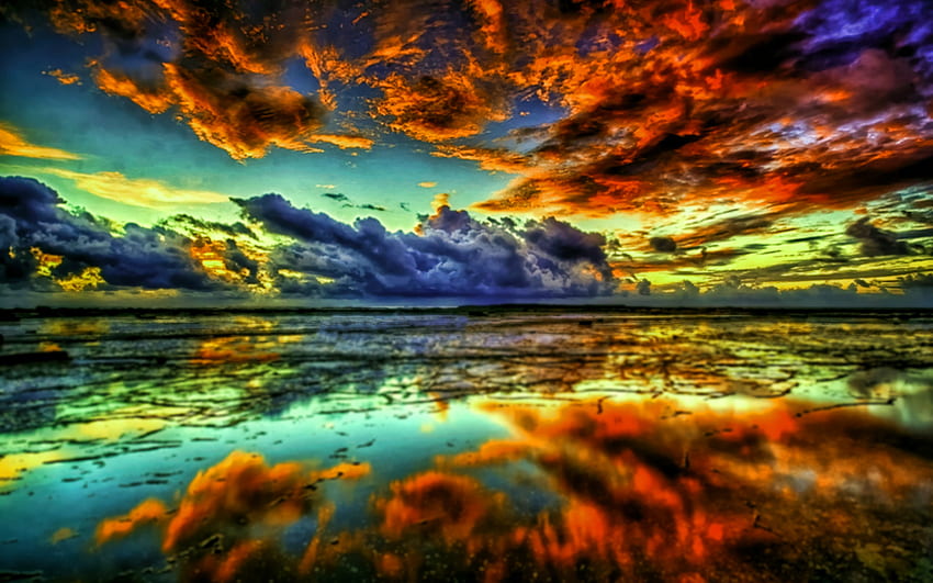 海、夕日、R、美しい自然、反射、夏、雲 高画質の壁紙