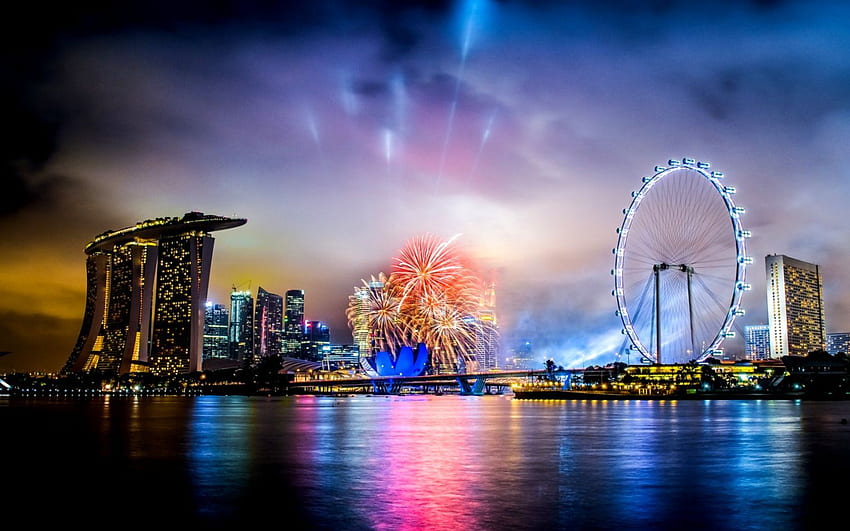 Skyline Singapore City At Night, Singapur HD wallpaper