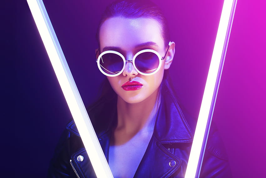 Kacamata hitam, model wanita, lampu neon Wallpaper HD