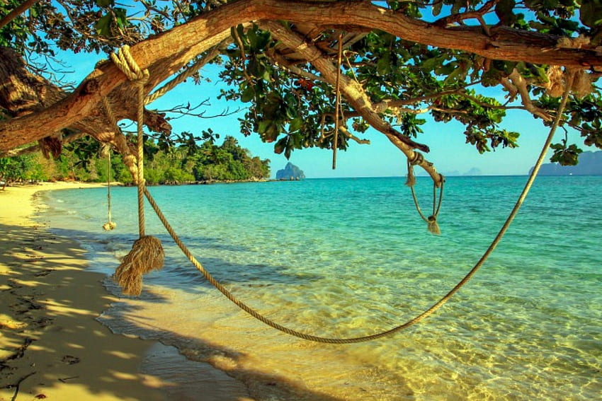 Beach Swing, wyspa, morze, krystalicznie czysty ocean, piasek, Tajlandia, tropikalny, piękny, plaża, lato, drzewa, podróże Tapeta HD