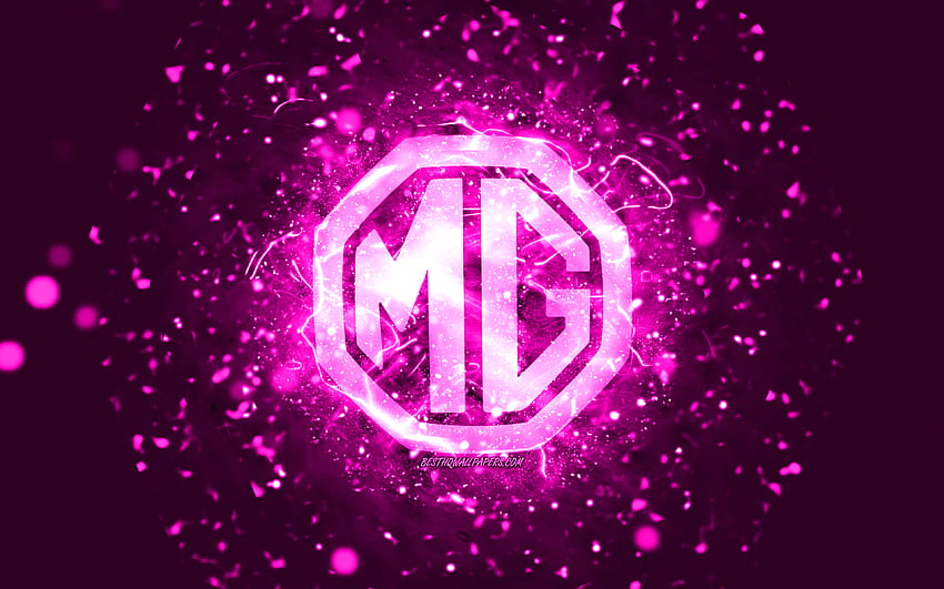 MG purple logo, , purple neon lights, creative, purple abstract background, MG logo, cars brands, MG HD wallpaper