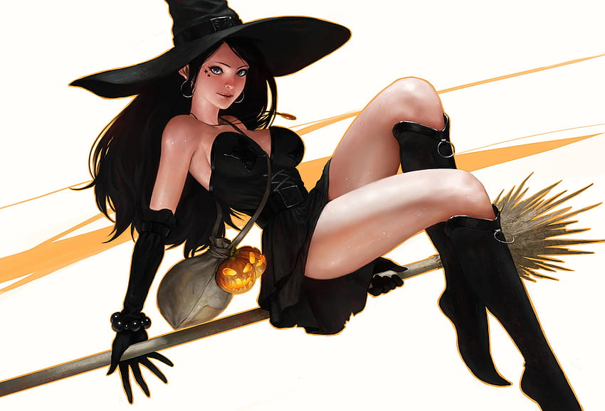 Witch, halloween, black, syar, fantasy, girl, luminos, hat HD wallpaper