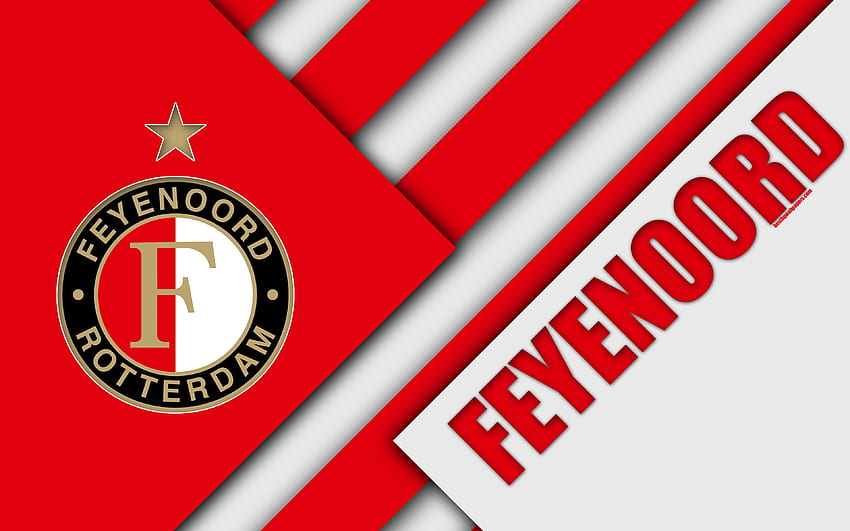 Feyenoord FC, emblemat, projekt materiału, holenderski klub piłkarski, czerwono-biała abstrakcja, Eredivisie, Rotterdam, Holandia, piłka nożna z rozdzielczością. Wysoka jakość Tapeta HD