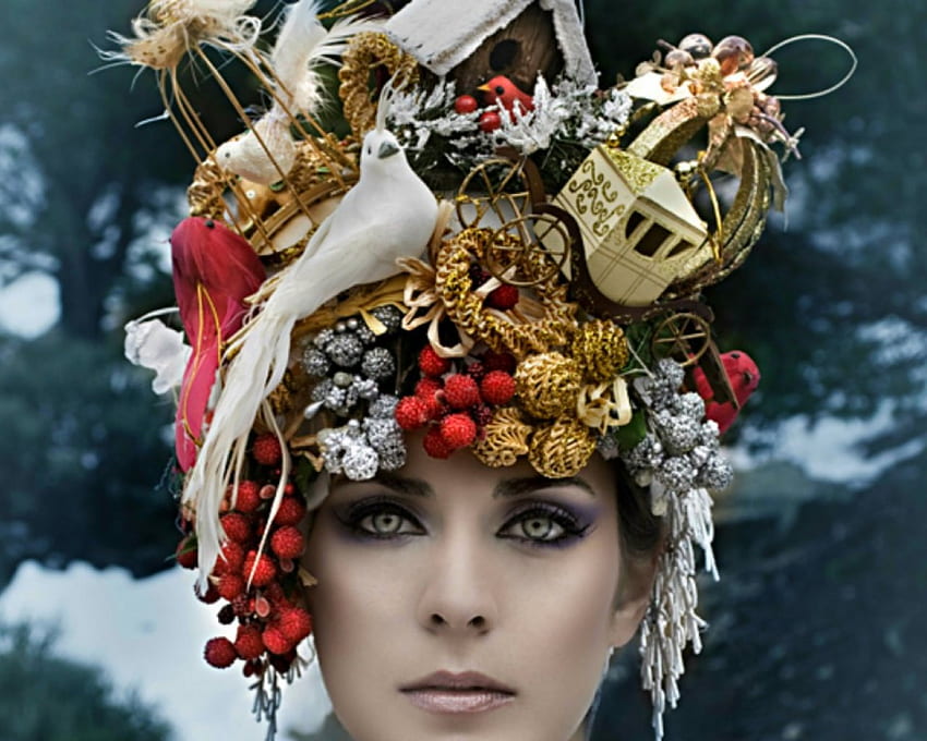 Woman face, accessories, style, weird, head, woman HD wallpaper