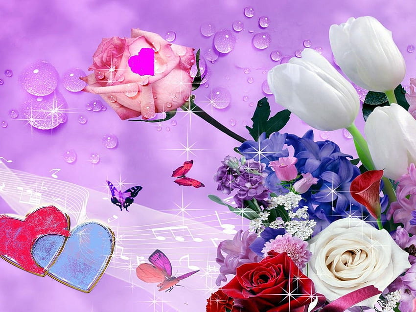 Pink Rose, White Tulips, Butterflies, Hearts 983524 HD wallpaper