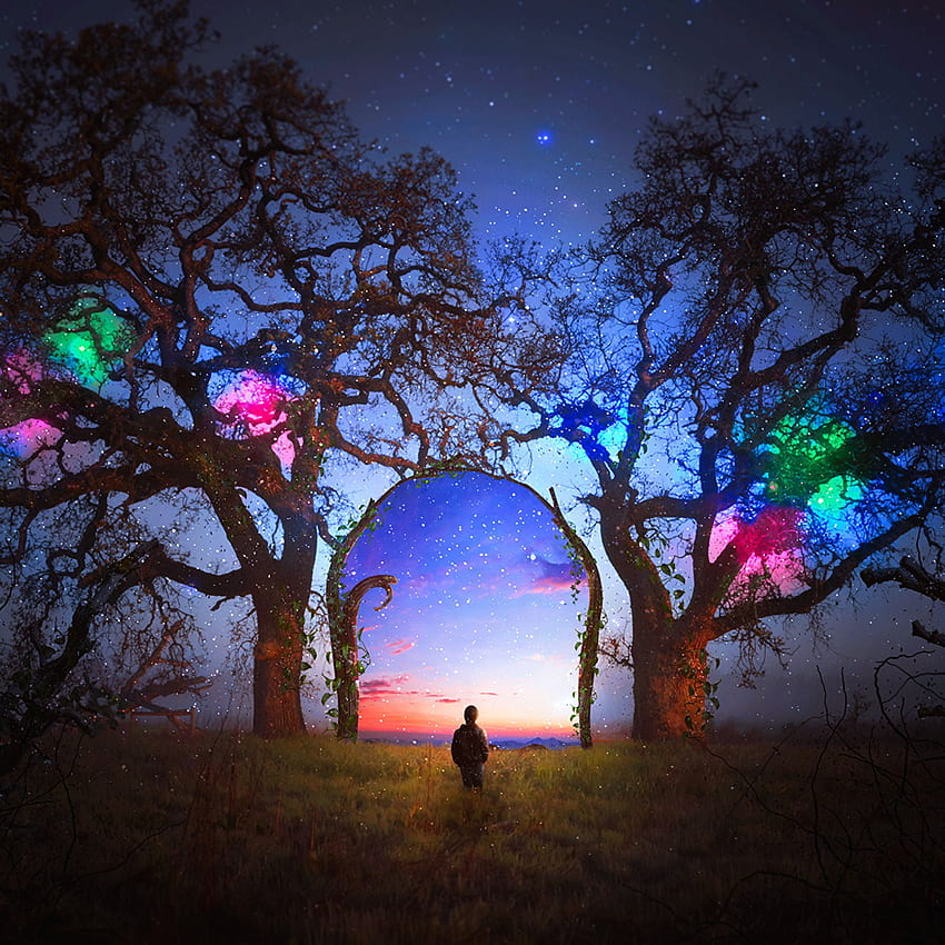 colorful, silhouette, arch, starry sky, Stary Skies Colorful HD phone wallpaper