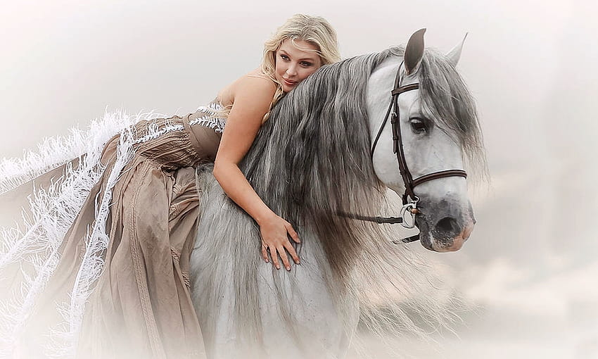 Eine Frau und ihr Pferd, Weichheit, Modell, Grafik, Dame, Pferd, blond, schön, Schönheit HD-Hintergrundbild