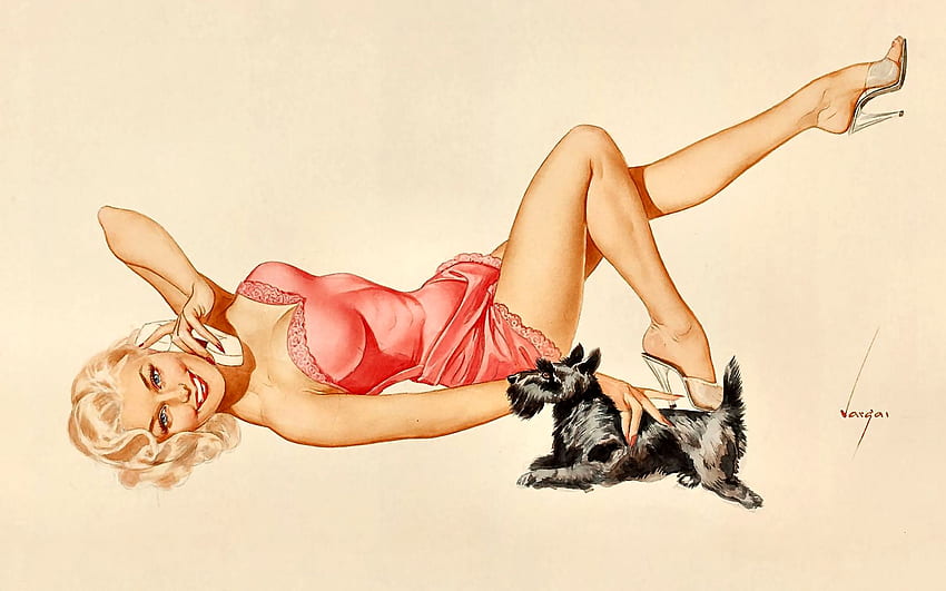 Момиче с куче 2, изкуство, Варгас, кучета, момиче, красиво, илюстрация, персонаж, произведение на изкуството, дама, широк екран, скоч териер, , pinup, куче, Алберто Варгас HD тапет