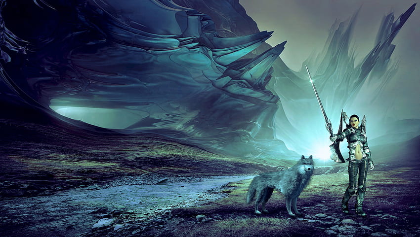 Prajurit wanita memegang pedang di samping serigala abu-abu di dekat sungai, Mystical Wolf Wallpaper HD