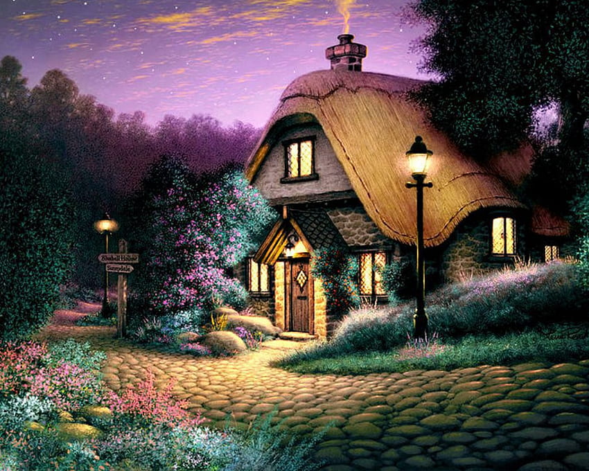 Cottage Cobblestone Evening PC und Mac, Schönes Cottage HD-Hintergrundbild