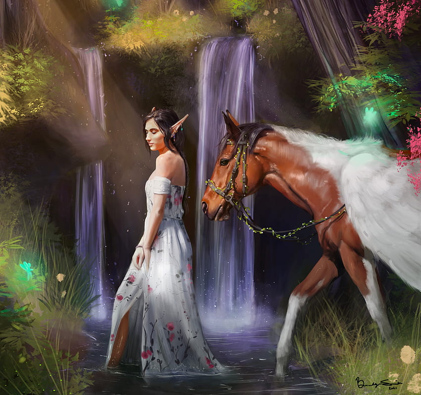 Elf girl and pegasus, art, fantasy, waterfall, girl, elf, wings, horse, brooklyn smith, pegasus, brown HD wallpaper