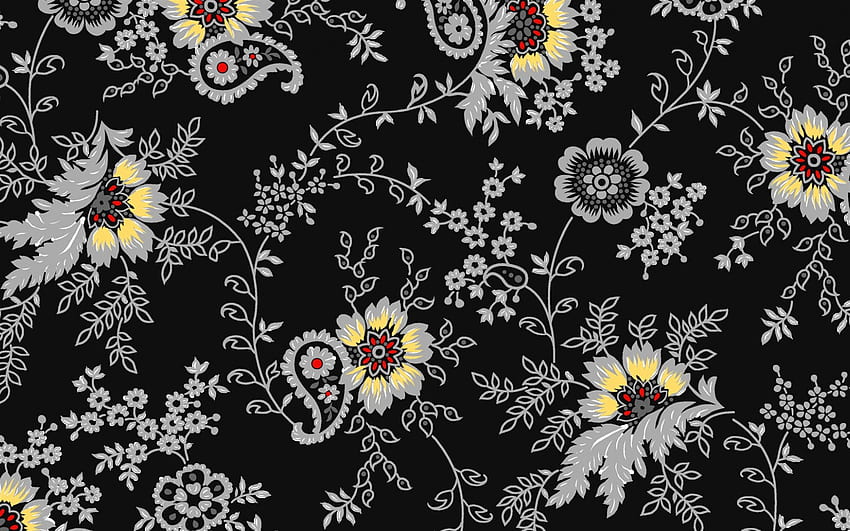 gri çiçekli siyah arka plan, çiçekli siyah doku, retro çiçekli doku, çiçekli arka plan, çözünürlük ile siyah bir arka plan üzerinde çiçek süsleme. Yüksek kalite HD duvar kağıdı
