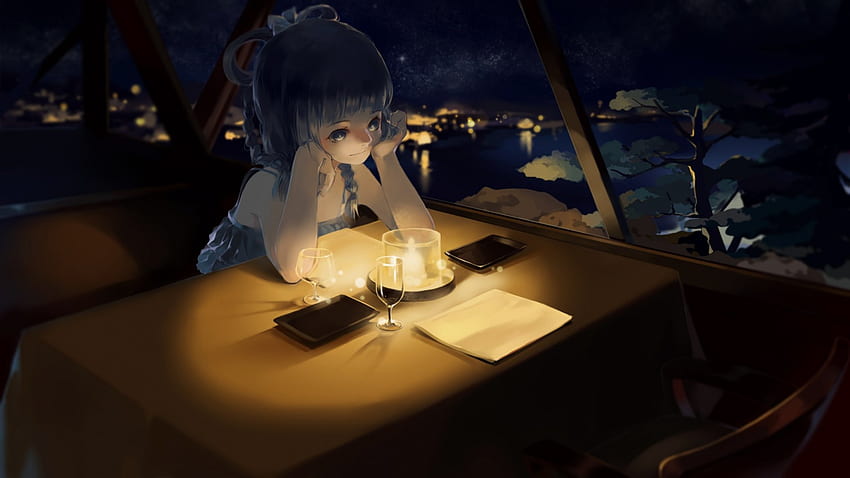 Think in the Dark, blue, river, cute, long hair, beauty, lady, female, table, sweet, art, city, girl, beautiful, dark, woman, candle, anime, pretty, lights, lovely HD wallpaper