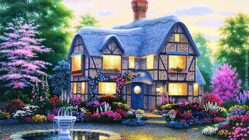 Country Cottage, painting, art, flowers, cottage, country HD wallpaper