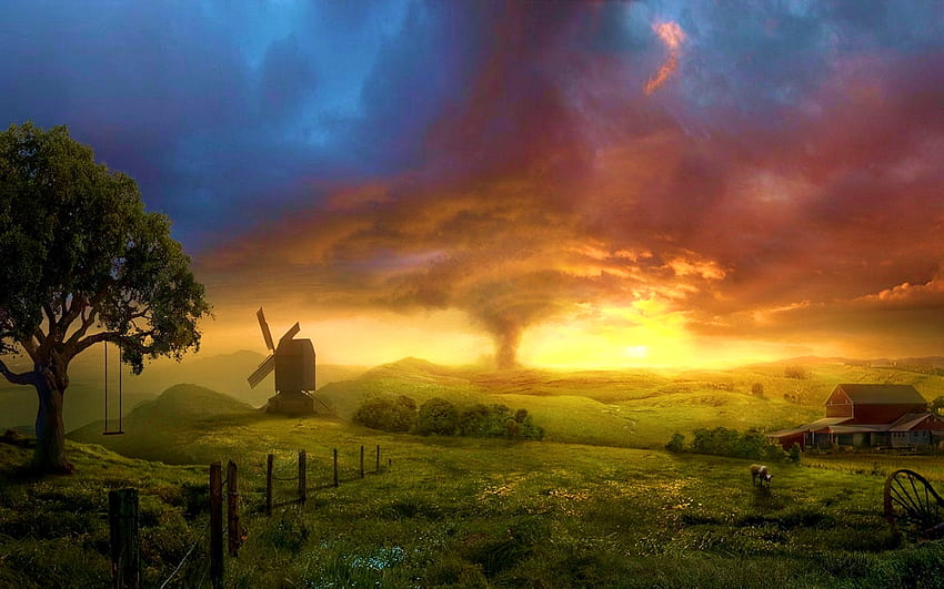 Tornado, windmill, wheel, landscape, clouds, sky, sunset, tree HD wallpaper