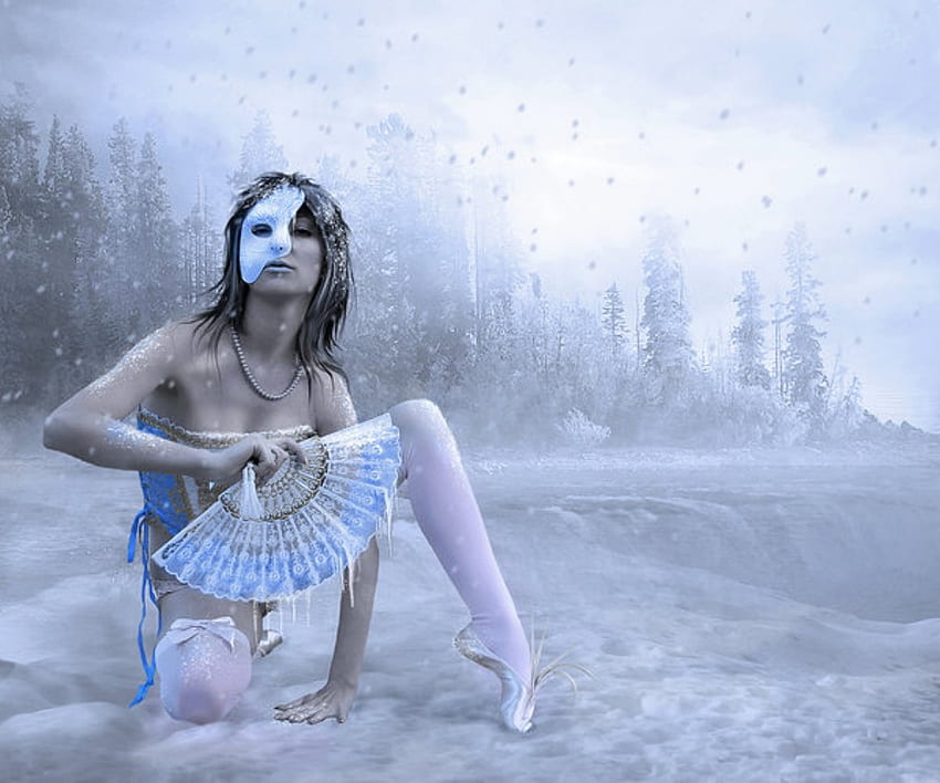 Invierno, hiver, bleu, masque, diva, ballet, femme, ventilateur, glace Fond d'écran HD