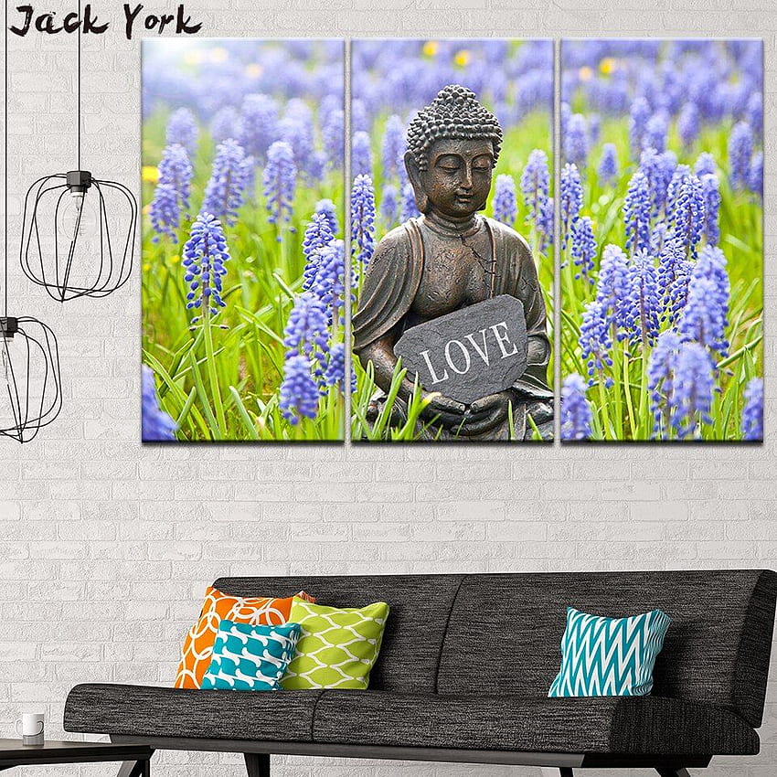 Quadro su tela Buddha nel paesaggio del giardino di lavanda 3 pezzi Wall Art Painting Modular Poster Print Home Decor. Pittura e calligrafia Sfondo del telefono HD