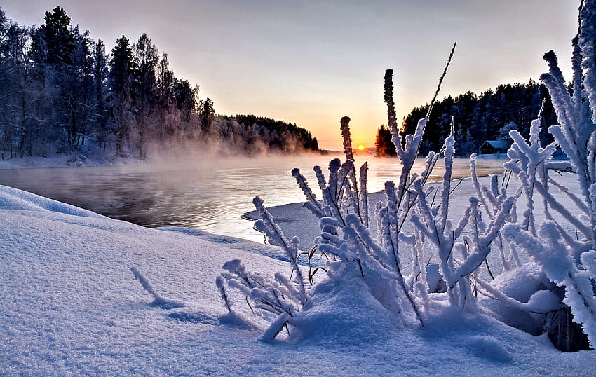 Fluss Sonnenuntergang, Winter, Natur, Sonnenuntergang, Fluss HD-Hintergrundbild