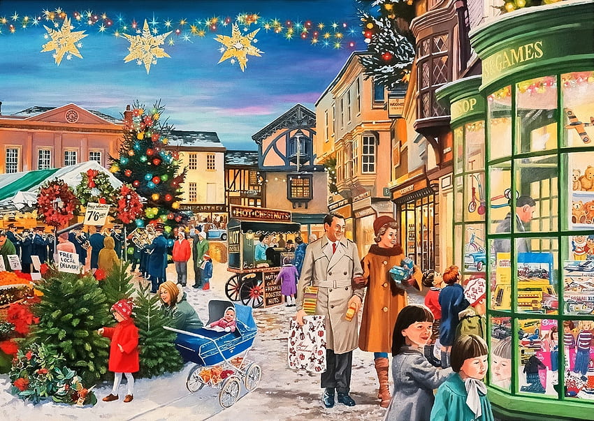 Magia de Navidad, compras, castañas, juguetes, Navidad, decoraciones, árboles. fondo de pantalla