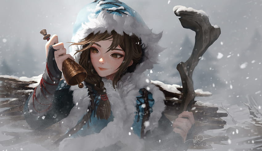 Winter bell, blue, winter, bell, white, dao le trong, art, girl, fantasy, snow, iarna, hood, luminos HD wallpaper