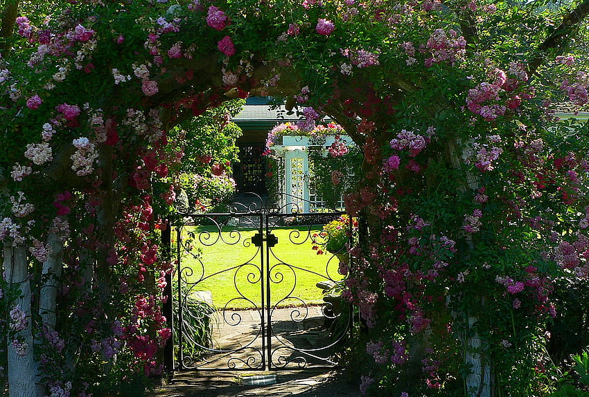 secret garden, arbor, roses, arch, house, garden, nature, flowers, secret HD wallpaper