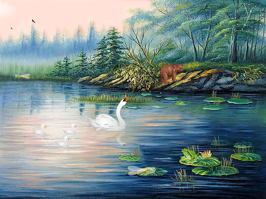 LAKE VIEW THREE, view, swans, three, lake HD wallpaper