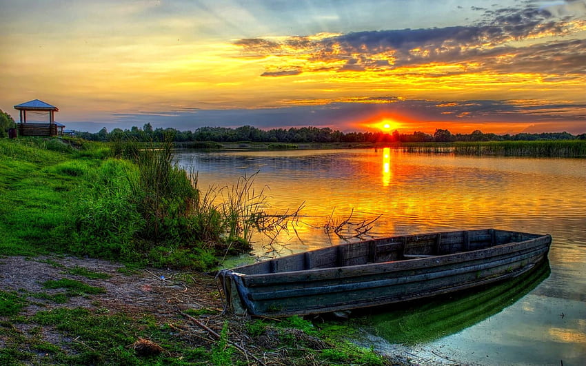 SUNSET HORIZON, barca, riva, lago, tramonto Sfondo HD