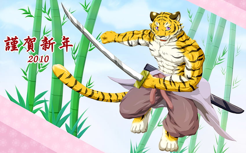 Happy New Year, muscle, sword, tiger, furry, chinese HD wallpaper