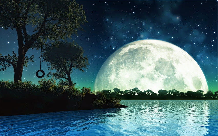Beauty of moonlight at night sky near sea poetic nature, Big Moon HD ...